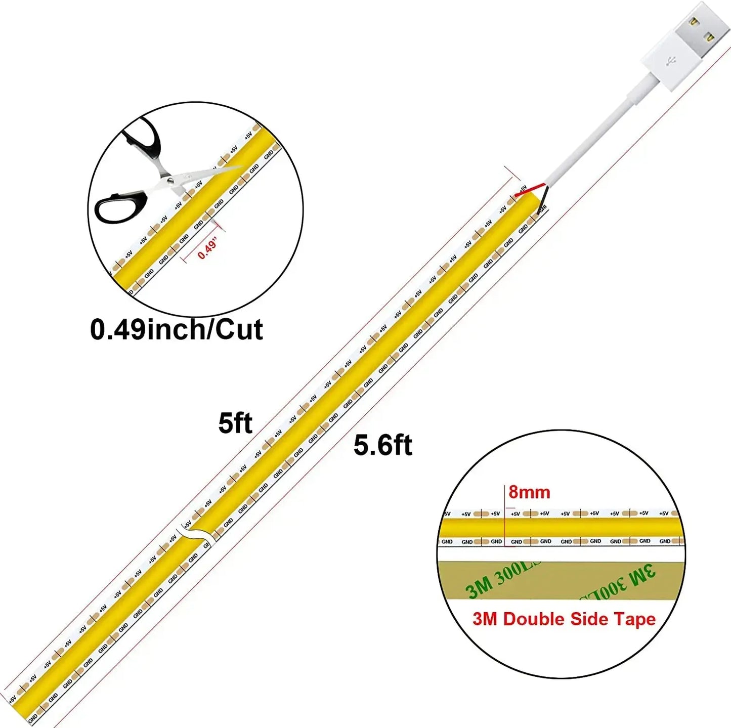 Ruban LED COB USB – 320 LED/m, 5m, DC5V, Alimenté par USB