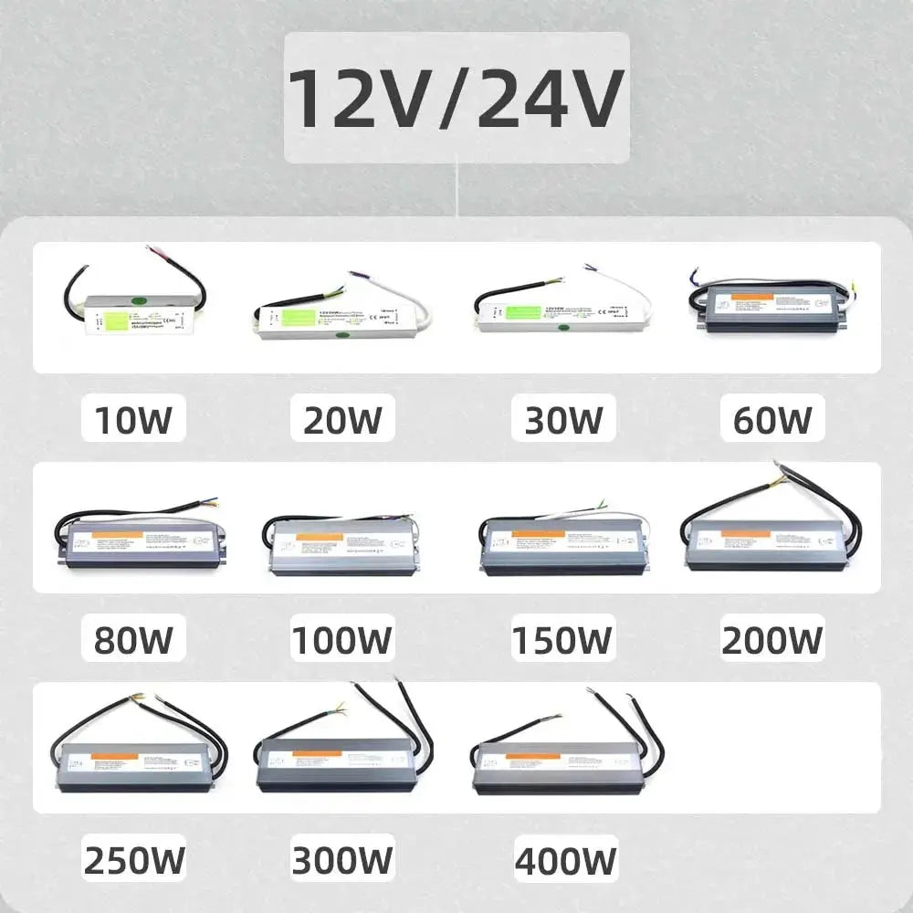 IP67 Waterproof AC To DC 12V/24V 10W  20W 25W 30W 36W 50W 60W 100W 120W 150W 200W 300w 400w Switching Power Supply Transformer