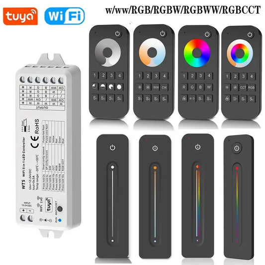 WT5 Tuya 5 in 1 Wifi LED Controller Dimmer DC12V 24V RF 4-Zone Touch Remote Alexa Control For DIM RGBW RGB CCT LED Strip Light